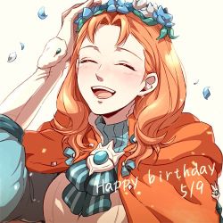 Rule 34 | 1girl, annette fantine dominic, dated, closed eyes, fire emblem, fire emblem: three houses, gloves, happy birthday, head wreath, lowres, nintendo, open mouth, orange hair, petals, simple background, solo, tomi (sooon103), upper body, white background, white gloves