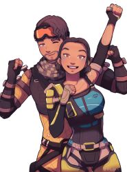 Rule 34 | 1boy, 1girl, animification, apex legends, black bodysuit, black gloves, blue shirt, bodysuit, brown hair, checkered clothes, checkered scarf, clenched hands, conduit (apex legends), dark-skinned male, dark skin, earrings, elbow gloves, electricity, facial hair, fingerless gloves, gloves, goatee, goggles, goggles on head, green scarf, grey gloves, highres, jewelry, looking at viewer, mirage (apex legends), one eye closed, open mouth, orange bodysuit, pipa (1pgjsf1), scarf, shirt, short hair, smile, white background