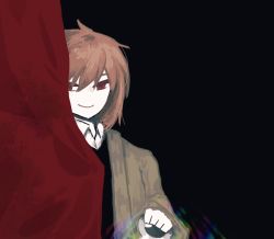 Rule 34 | 1boy, black background, black vest, brown hair, closed mouth, collared shirt, commentary request, green jacket, harada mutei, havel, holding, jacket, long sleeves, male focus, medium hair, open clothes, open jacket, pale skin, red eyes, saibou shinkyoku, shirt, simple background, smile, solo, stage curtains, upper body, vest, white shirt