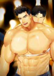 Rule 34 | 2boys, abs, absurdres, bara, black hair, blurry, blurry background, faceless, faceless male, highres, large pectorals, male focus, multiple boys, muscular, muscular male, navel, nipples, open mouth, original, pectoral lift, pectorals, short hair, spiked hair, sweat, topless male, underbust, upper body, user sdsu2822
