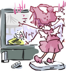Rule 34 | 1girl, chibi, console, female focus, flapping, game console, hat, kuroneko no toorimichi, mystia lorelei, nintendo, pink hair, playing games, sketch, solo, television, touhou, wii, wii fit, wings