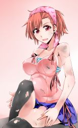 Rule 34 | 1girl, bandana, bandeau, bare shoulders, blush, breasts, camisole, cosaten, devil survivor, dirty, gradient background, highres, large breasts, open mouth, pink background, red eyes, red hair, short hair, skirt, solo, striped, striped bandeau, sweatdrop, tanigawa yuzu, thighhighs, torn clothes, torn skirt, torn thighhighs