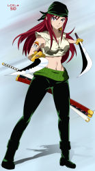 Rule 34 | absurdres, boots, breasts, cosplay, dual wielding, erza scarlet, fairy tail, highres, holding, large breasts, long hair, midriff, one piece, parody, red hair, roronoa zoro, roronoa zoro (cosplay), sword, tattoo, weapon