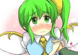 Rule 34 | 1girl, ascot, asymmetrical hair, between breasts, blush, bow, breasts, daiyousei, fairy wings, gaoo (frpjx283), green eyes, green hair, hair bow, hand grab, large breasts, matching hair/eyes, side ponytail, solo, solo focus, touhou, wings
