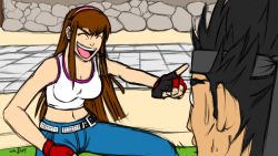 Rule 34 | 1boy, 1girl, belt, breasts, brown hair, casual, crossover, dead or alive, dead or alive 5, denim, fingerless gloves, gloves, hairband, headband, hitomi (doa), jeans, laughing, long hair, midriff, pants, pltnm ghost, pointing, tank top, virtua fighter, yuki akira