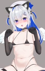 Rule 34 | 1girl, absurdres, amane kanata, amane kanata (work), angel wings, animal ears, bare shoulders, beret, bikini, black bikini, black collar, black gloves, blue hair, blush, breasts, cat ears, collar, colored inner hair, commentary request, elbow gloves, feathered wings, gloves, grey hair, hair ornament, hairclip, halterneck, hat, highres, hololive, long hair, looking at viewer, mini wings, multi-strapped bikini bottom, multicolored hair, navel, open mouth, paw pose, pink hair, purple eyes, simple background, single hair intake, small breasts, solo, stomach, streaked hair, swimsuit, thigh strap, tojo aoi, two side up, virtual youtuber, white hat, wings