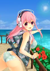Rule 34 | 1girl, :d, absurdres, ass, bad id, bad pixiv id, bikini, bikini under clothes, blue sky, breasts, cloud, day, flower, headphones, hibiscus, highres, hood, hoodie, large breasts, long hair, looking at viewer, miyashita maka, nitroplus, ocean, open mouth, pink eyes, pink hair, pointing, railing, sky, smile, solo, sun, super sonico, swimsuit, swimsuit under clothes