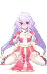 Rule 34 | 1girl, absurdres, back bow, blush, bow, breasts, brown footwear, commentary request, cross, cross necklace, dress, ear blush, elf, frilled thighhighs, frills, full body, garter straps, grey hair, hair between eyes, high priest (ragnarok online), highres, jewelry, juliet sleeves, long bangs, long sleeves, looking at viewer, nagifujisawa, necklace, nose blush, open mouth, pointy ears, puffy sleeves, purple eyes, ragnarok online, red dress, sash, see-through, see-through dress, shoes, sidelocks, simple background, sitting, small breasts, smile, solo, thighhighs, two-tone dress, waist bow, wariza, white background, white bow, white dress, white sash, white thighhighs
