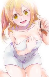Rule 34 | 1girl, blonde hair, breasts, chikaya, cleavage, kagerou project, charm (object), kisaragi momo, large breasts, long hair, looking at viewer, naked towel, smile, solo, towel, wet, wet hair, white background, yellow eyes