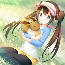 Rule 34 | 1girl, bad id, bad pixiv id, black pantyhose, blush, bow, brown hair, closed mouth, commentary request, creatures (company), double bun, eevee, game freak, gen 1 pokemon, grass, grey eyes, hair between eyes, hair bun, holding, holding pokemon, kamowasa, long hair, nintendo, pantyhose, pantyhose under shorts, pink bow, pokemon, pokemon (creature), pokemon bw2, raglan sleeves, rosa (pokemon), shirt, short shorts, shorts, sitting, smile, tree, twintails, visor cap, yellow shorts