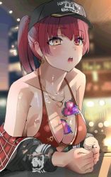 Rule 34 | 1girl, absurdres, bad id, bad twitter id, bare shoulders, baseball cap, between breasts, bikini, black hat, black jacket, blurry, blurry background, blush, breasts, cleavage, clenched hands, earrings, halterneck, hani haya, hat, heart, heart necklace, heterochromia, high ponytail, highres, hololive, houshou marine, houshou marine (summer), jacket, jewelry, large breasts, long hair, necklace, off shoulder, open mouth, red bikini, red eyes, red hair, solo, swimsuit, unworn eyewear, virtual youtuber, yellow eyes