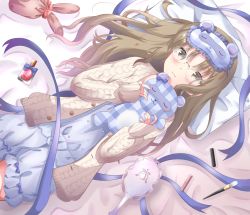 Rule 34 | 1girl, aran sweater, babydoll, blue babydoll, blush, brown eyes, brown hair, cable knit, closed mouth, cowboy shot, hugging doll, dutch angle, glasses, highres, hikarin0502, long hair, looking at viewer, loungewear, lying, makeup brush, nijisanji, hugging object, on back, on bed, pajamas, pillow, rimless eyewear, sister claire, sister claire (7th costume), sleep mask, smile, solo, stuffed animal, stuffed toy, sweater, teddy bear, virtual youtuber