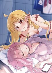 Rule 34 | 2girls, ahoge, bed, blonde hair, blush, bocchi the rock!, breasts, cellphone, cleavage, closed eyes, day, erinko604, girl on top, gotoh hitori, highres, ijichi nijika, imminent kiss, indoors, large breasts, long hair, looking at viewer, medium breasts, multiple girls, open mouth, orange eyes, pajamas, phone, pillow, pink hair, sleeping, smartphone, sunlight, yuri
