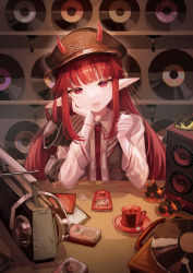 Rule 34 | 1girl, arknights, black hat, blouse, boombox, cassette tape, character name, collared shirt, commentary request, cup, digital media player, earbuds, earphones, eyelashes, fangs, hair ornament, hairclip, hand on own chin, hat, headphones, hemorina, highres, horns, horns through headwear, ipod, long hair, long sleeves, looking at viewer, nail polish, necktie, open mouth, originium slug (arknights), phonograph, plectrum, pointy, pointy ears, record, red eyes, red hair, red nails, red necktie, saucer, shelf, shirt, solo, speaker, table, teacup, teeth, upper body, vigna (arknights), white shirt