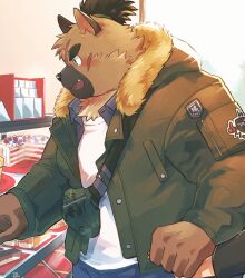 Rule 34 | 1boy, animal ears, bag, bara, blue pants, brown fur, cake, dog ears, fang, food, furry, furry male, green hair, highres, holding hands, jacket, male focus, open clothes, open jacket, open mouth, pants, sawch cls, scar, scar on face, shirt, solo, thick eyebrows, tokyo houkago summoners, white shirt, yasuyori (housamo)