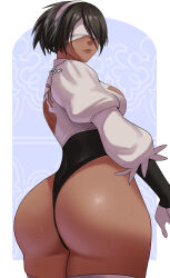 Rule 34 | 1girl, artist name, ass, black hair, blindfold, breasts, curvy, dark-skinned female, dark skin, elbow gloves, from behind, gloves, gud0c, hairband, highleg, highleg leotard, highres, huge ass, juliet sleeves, large breasts, leotard, long sleeves, looking back, mole, mole under mouth, nier:automata, nier (series), puffy sleeves, shiny skin, short hair, solo, sweat, thick thighs, thighhighs, thighs, thong leotard, white blindfold, wide hips, 2p (nier:automata)