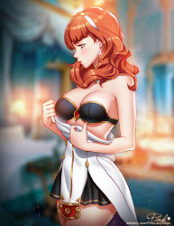 Rule 34 | 1girl, artist name, backlighting, bare shoulders, bedroom, black bra, black skirt, blurry, blurry background, blush, bra, breasts, celica (fire emblem), cleavage, closed mouth, clothes pull, cowboy shot, detached collar, dress, dress pull, earrings, fire emblem, fire emblem echoes: shadows of valentia, hairband, indoors, jewelry, light particles, long hair, looking away, medium breasts, nintendo, off-shoulder dress, off shoulder, pink lady mage, profile, pulled by self, red eyes, red hair, short dress, skirt, solo, standing, strapless, strapless bra, thick thighs, thighs, underwear, undressing, white dress, white hairband