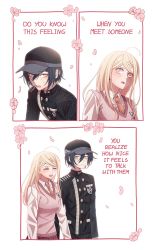 Rule 34 | 1boy, 1girl, :d, ahoge, akamatsu kaede, black hair, black headwear, black jacket, black pants, blonde hair, blush, breast pocket, breasts, buttons, cheer (cheerpuppy14), closed eyes, commentary, danganronpa (series), danganronpa v3: killing harmony, double-breasted, english commentary, english text, fortissimo, gakuran, grin, hair ornament, happy, hat, highres, jacket, large breasts, long hair, looking at another, musical note, musical note hair ornament, necktie, open mouth, pants, petals, pink vest, pocket, saihara shuichi, school uniform, skirt, smile, striped clothes, striped jacket, teeth, vest, white background