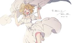 Rule 34 | 1girl, bare shoulders, blonde hair, blush, bow, breasts, closed eyes, collarbone, dress, fairy dress (module), frilled dress, frills, hair bow, hair ornament, hairclip, happy, hazime, holding veil, kagamine rin, knee up, open mouth, running, sandals, short hair, short sleeves, small breasts, smile, spaghetti strap, sundress, twitter username, vocaloid, white bow, white dress, white footwear