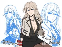 Rule 34 | 1girl, alisa ilinichina amiella, black shirt, black skirt, blonde hair, blue eyes, breasts, brown pantyhose, cleavage, cm lynarc, commission, god eater, grey jacket, highres, jacket, jewelry, long hair, looking at viewer, medium breasts, miniskirt, multiple views, necklace, open clothes, open jacket, pantyhose, pencil skirt, shirt, signature, simple background, sitting, skirt, smile, white background