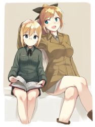 Rule 34 | 2girls, :d, bad id, bad pixiv id, blonde hair, blue eyes, book, cropped legs, fang, freckles, glasses, hair ribbon, hand on another&#039;s head, katharine ohare, crossed legs, military, military uniform, multiple girls, open book, open mouth, ponytail, reading, ribbon, sitting, smile, strike witches, u (mikaduki0720), uniform, ursula hartmann, world witches series