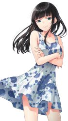 Rule 34 | &gt;:), 1girl, armpit peek, bare arms, black hair, blue dress, blunt bangs, breasts, closed mouth, collarbone, cowboy shot, crossed arms, dress, eyelashes, fingernails, floating hair, floral print, green eyes, half-closed eyes, hashibami yuki, highres, lips, long hair, looking to the side, mahouka koukou no rettousei, medium breasts, pleated dress, print dress, sidelocks, simple background, sleeveless, sleeveless dress, smile, solo, standing, straight hair, v-shaped eyebrows, white background, wind, wind lift, yu yu