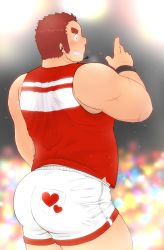 Rule 34 | 1boy, 3c pan, :d, absurdres, ass, bara, bare arms, belly, blush, brown hair, cowboy shot, crowd, facial hair, facial scar, from behind, tamamura gunzo, heart, highres, long sideburns, male focus, microphone, muscular, muscular male, music, open mouth, scar, scar on arm, scar on cheek, scar on face, short hair, shorts, sideburns, singing, smile, solo, spiked hair, stage, stubble, sweat, thick eyebrows, thick thighs, thighs, tokyo houkago summoners, white shorts