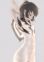 Rule 34 | 1girl, armpits, arms up, black hair, breasts, brown eyes, cleft of venus, dress, from side, grey background, ico, musen-shiki sanhankikan, nipples, no panties, pussy, see-through, see-through dress, short hair, simple background, small breasts, solo, uncensored, yorda