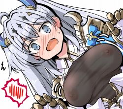 Rule 34 | 1girl, ahoge, azur lane, blush, bow, breasts, covered erect nipples, embarrassed, fang, gauntlets, grey eyes, grey hair, hair intakes, horns, large breasts, long hair, no bra, open mouth, see-through, sidelocks, solo, suffren (azur lane), tsuzuri (tuzuri), two side up, upper body