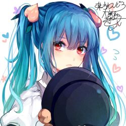Rule 34 | 1girl, alternate hairstyle, blue hair, blush, daimaou ruaeru, food, food on head, fruit, fruit on head, hair ornament, hat, unworn hat, unworn headwear, heart, hinanawi tenshi, long hair, looking at viewer, md5 mismatch, object on head, peach, puffy sleeves, red eyes, resized, simple background, solo, sweatdrop, text focus, touhou, twintails, white background