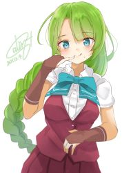 Rule 34 | 1girl, blouse, blue bow, blue bowtie, blue eyes, bow, bowtie, braid, breasts, calin, cowboy shot, dated, fingerless gloves, gloves, green hair, highres, kantai collection, large breasts, long hair, mole, mole under mouth, one-hour drawing challenge, pinky out, pleated skirt, purple skirt, school uniform, shirt, short sleeves, signature, simple background, single braid, skirt, solo, tongue, tongue out, very long hair, vest, white background, white shirt, yuugumo (kancolle), yuugumo kai ni (kancolle)