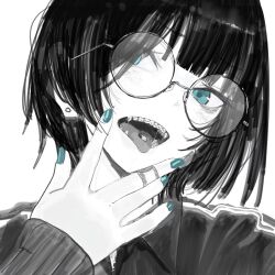 Rule 34 | 1girl, aqua eyes, aqua nails, bags under eyes, black hair, braces, drugs, earrings, fangs, female focus, glasses, greyscale, head tilt, jacket, jewelry, looking at viewer, monochrome, open mouth, original, pill, pill on tongue, radio1985head, ring, round eyewear, saliva, solo, spot color, teeth, tongue, tongue out
