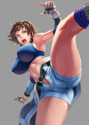 Rule 34 | 1girl, armpits, breasts, brown eyes, brown hair, clothes around waist, covered erect nipples, elbow gloves, female focus, fingerless gloves, from below, gloves, high kick, highres, impossible clothes, jumpsuit, kazama asuka, kicking, large breasts, lips, midriff, namco, navel, open fly, open mouth, short hair, short jumpsuit, shorts, socks, solo, sports bra, sweat, taut clothes, tekken, tekken 5, tekken 6, tekken tag tournament 2, toned, unitard, unzipped, zero (dickzanzero2)