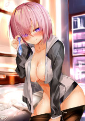 Rule 34 | 1girl, adjusting eyewear, amamitsu kousuke, areola slip, blush, breasts, brown pantyhose, closed mouth, clothes pull, commentary request, condom, cum, cum on body, fate/grand order, fate (series), hair over one eye, heart, heart-shaped pupils, highres, holding, holding condom, hood, hooded jacket, indoors, jacket, large breasts, leaning forward, licking lips, long sleeves, looking at viewer, mash kyrielight, pantyhose, pantyhose pull, pink hair, purple eyes, short hair, smile, solo, symbol-shaped pupils, tongue, tongue out, used condom