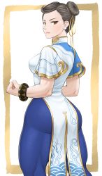 Rule 34 | 1girl, bangle, blue pants, bracelet, breasts, brown hair, capcom, china dress, chinese clothes, chun-li, clenched hand, double bun, dress, earrings, eyeshadow, hair bun, hair ribbon, highres, jewelry, leggings, looking at viewer, looking back, makeup, medium breasts, muscular, muscular female, pants, pearl earrings, pelvic curtain, ribbon, shigenobu, short sleeves, slit, solo, street fighter, street fighter 6, thighs, white dress, yellow ribbon