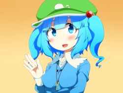Rule 34 | 1girl, bad id, bad pixiv id, blue eyes, blue hair, blush, collagen, female focus, gradient background, hair ornament, hat, kawashiro nitori, looking at viewer, matching hair/eyes, open mouth, orange background, short hair, simple background, smile, solo, sweatdrop, touhou, twintails, two side up, waving