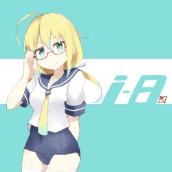 Rule 34 | 10s, 1girl, adjusting eyewear, ahoge, aqua eyes, arm behind back, bad id, bad twitter id, blonde hair, character name, glasses, hair ribbon, i-8 (kancolle), kantai collection, long hair, one-piece swimsuit, red-framed eyewear, ribbon, school swimsuit, school uniform, serafuku, shigino sohuzi, short sleeves, solo, swimsuit, swimsuit under clothes, thighhighs, twintails, white ribbon, white thighhighs