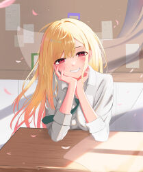 Rule 34 | 1girl, absurdres, blonde hair, classroom, colored tips, commentary, grin, gyaru, highres, indoors, kitagawa marin, long hair, looking at viewer, multicolored hair, necktie, red eyes, red hair, revision, school uniform, shirt, smile, solo, sono bisque doll wa koi wo suru, sty, teeth, tied shirt, uniform, white shirt