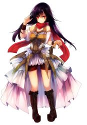 Rule 34 | 1girl, armor, bare shoulders, black hair, boots, bracelet, engage knights, force of will, full body, jewelry, long hair, official art, orange eyes, scarf, simple background, solo, sword, ukyo rst, weapon, white background