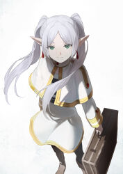 Rule 34 | 1girl, capelet, closed mouth, commentary request, dress, earrings, frieren, full body, green eyes, grey hair, highres, holding case, jewelry, long hair, long sleeves, looking at viewer, looking up, nekoreito, pointy ears, simple background, smile, solo, sousou no frieren, standing, suitcase, twintails, white background, white capelet, white dress
