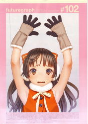 Rule 34 | 1girl, armpits, arms up, brown eyes, brown hair, earmuffs, face, flat chest, frown, futuregraph, gloves, highres, long hair, murata range, open mouth, scan, simple background, solo