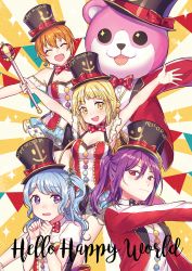 Rule 34 | + +, 5girls, :3, :d, ^ ^, animal costume, arms up, bang dream!, bear costume, black hat, black shorts, blonde hair, blue hair, bow, bowtie, clenched hands, closed eyes, earrings, fang, group name, hair between eyes, hands up, hat, hat ribbon, headwear writing, hello happy world!, holding, holding scepter, jacket, jewelry, kitazawa hagumi, light blue hair, long hair, mascot costume, matsubara kanon, michelle (bang dream!), multiple girls, o/, one side up, open mouth, orange hair, outstretched arms, overskirt, pennant, polka dot neckwear, pom pom (clothes), ponytail, print headwear, purple eyes, purple hair, red neckwear, red ribbon, ribbon, scepter, seta kaoru, short hair, shorts, sidelocks, smile, sparkle, spread arms, string of flags, suit jacket, sunburst, tiny (tini3030), top hat, tsurumaki kokoro, yellow eyes
