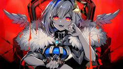 Rule 34 | 1girl, amane kanata, angel wings, barbed wire, black collar, black nails, bob cut, chair, coat, collar, crown, unworn crown, fur-trimmed coat, fur trim, halo, highres, holding, holding crown, hololive, king (vocaloid), looking at viewer, nail polish, red background, red eyes, red theme, ria (rilpoppo), single hair intake, smile, solo, star halo, teeth, throne, virtual youtuber, vocaloid, wings