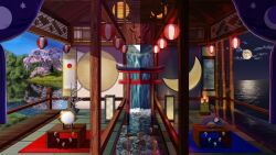 Rule 34 | blue sky, cherry blossoms, curtains, day, deer draw, highres, hiroto17, japan flag, lamp, moon, night, rock, scenery, sky, tagme, temple, torii, tree, water, waterfall