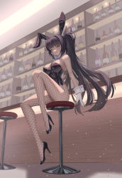 Rule 34 | 1girl, absurdres, akipopopopoon, animal ears, armpits, bar stool, bare shoulders, black hair, black leotard, blue archive, blue bow, bottle, bow, bowtie, breasts, cleavage, closed mouth, counter, dark-skinned female, dark skin, detached collar, earrings, fake animal ears, fishnet pantyhose, fishnets, gloves, high heels, high ponytail, highres, jewelry, karin (blue archive), karin (bunny) (blue archive), large breasts, leotard, long hair, looking at viewer, pantyhose, playboy bunny, rabbit ears, rabbit tail, shelf, sidelocks, sitting, stool, tail, traditional bowtie, very long hair, white gloves, wide hips, wrist cuffs, yellow eyes