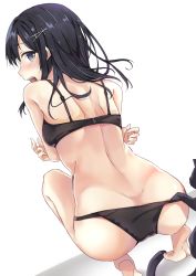 Rule 34 | 10s, 1girl, absurdres, ass, bikini, black bra, black hair, black panties, blush, bra, butt crack, cat, highres, jacob dream world, kantai collection, long hair, looking back, open mouth, oyashio (kancolle), panties, panty pull, solo, squatting, swimsuit, underwear, underwear only