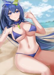 Rule 34 | 1girl, absurdres, akuaka, azur lane, beach, blue eyes, blue hair, breasts, cleavage, cleft of venus, coast, eyelashes, hair between eyes, highres, large breasts, looking at viewer, navel, new jersey (azur lane), new jersey (midsummer leisure) (azur lane), nipples through clothes, ponytail, solo, swimsuit
