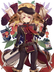 Rule 34 | 1boy, bad id, bad pixiv id, black gloves, black hat, black jacket, black pants, blonde hair, boots, candle, carchet, closed mouth, flower, gloves, hat, holding, holding weapon, jacket, lavender (flower), looking at viewer, mace, male focus, necktie, original, pants, red eyes, red necktie, solo, standing, strainer, suitcase, tea strainer, weapon