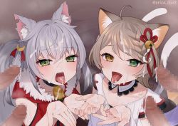 Rule 34 | 2girls, absurdres, ahoge, animal ear fluff, animal ears, bell, braid, braided bangs, cat girl, choker, collarbone, cum, cum in mouth, cum on hair, cum on hands, cum on tongue, cumdrip, erica illust, facial, fangs, forked tail, fur trim, green eyes, grey hair, group sex, hair bell, hair ornament, heterochromia, highres, kamizuki naki, light brown hair, multiple boys, multiple girls, multiple penises, multiple tails, neck bell, nekomata, notched ear, orgy, penis, prism project, second-party source, single sleeve, spiked choker, spikes, suzune nia, tail, tongue, tongue out, two tails, virtual youtuber, wolf girl, yellow eyes