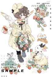 Rule 34 | 1girl, angel wings, animal ears, animal hands, artist name, basket, black bow, black bowtie, black eyes, black footwear, boots, bow, bowtie, brown hair, bug, butterfly, child, collar, collared dress, croissant, cross-laced footwear, dated, dress, feathered wings, flower, flower brooch, food, fruit, full body, hair bow, holding, holding basket, holding food, holding fruit, insect, leaf, light blush, long sleeves, looking at animal, macaron, maobing maobing, medium dress, multiple hair bows, original, outstretched hand, pantyhose, parted lips, pink flower, pink rose, puffy long sleeves, puffy sleeves, rabbit, rabbit ears, rabbit tail, rose, sample watermark, short hair, stamp mark, strawberry, strawberry slice, tail, watermark, white background, white butterfly, white collar, white flower, white pantyhose, white wings, wings, yellow bow, yellow dress